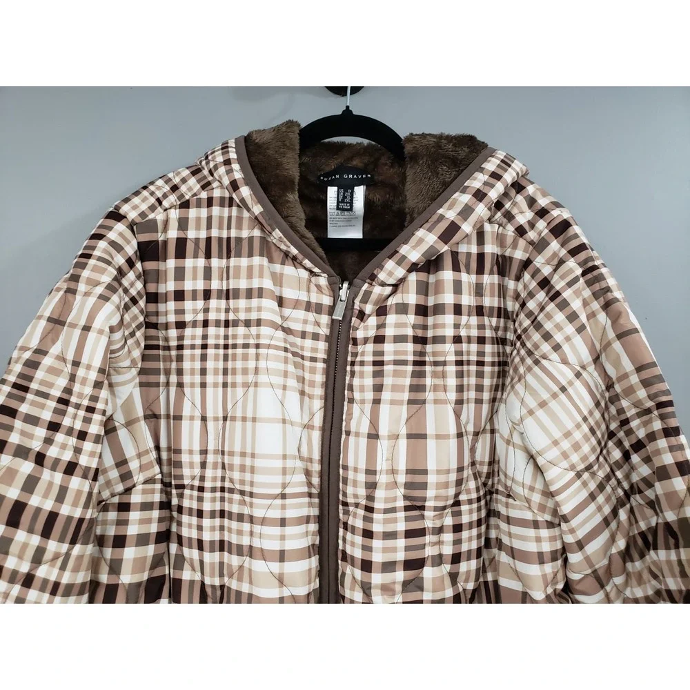 NWOT SUSAN GRAVE Reversible Quilted Woven Fleece‎ Jacket TAUPE PLAID 1X Coat